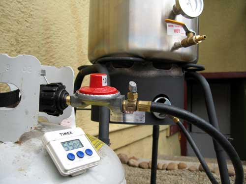 Gas, timer, stove and kettle